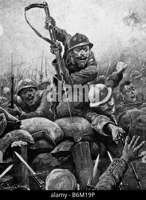 La Seconde Guerre mondiale une illustration contemporaine de soldats français d'assaut une tranchée allemande. Banque D'Images