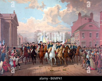 Imprimer montrant George Washington et d'autres officiers militaires à cheval le long de la ligne de rue, les spectateurs de la rue Banque D'Images