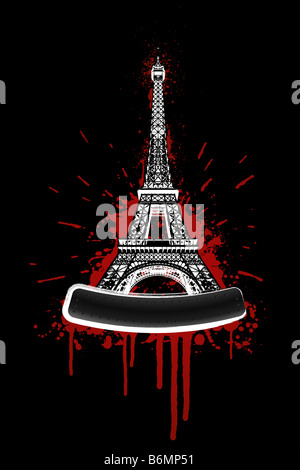 Vector illustration de la Tour Eiffel dans bloody grunge style splatter boulonné avec panneau d'éléments personnalisés pour Banque D'Images