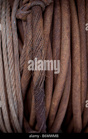 Des casiers à homard et les filets de pêche sur la plage de galets de Hastings. Banque D'Images