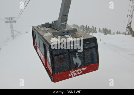 Voiture de tramway s'approche de la gare supérieure, Jackson Hole Aerial Tram, Jackson Hole Mountain Resort, Jackson, Wyoming. Banque D'Images