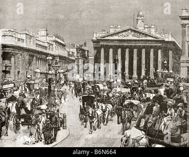 La Banque d'Angleterre et le Royal Exchange, Londres, en Angleterre, au dix-neuvième siècle Banque D'Images