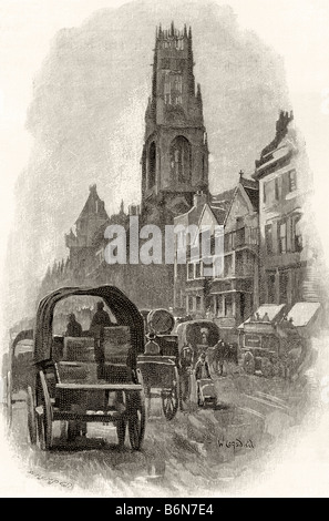 Fleet Street, Londres, Angleterre, montrant les vieilles maisons et l'église St Dunstan comme elles étaient au 19th siècle. Banque D'Images