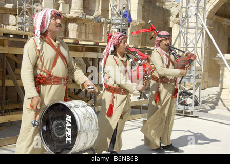 Musiciens en Décapole romaine antique ville de Jerash, Jordanie Banque D'Images