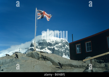 L'Union Jack à l'extérieur de l'ancienne base scientifique britannique à Port Lockroy, Péninsule Antarctique avec les Pingouins à l'avant. Banque D'Images