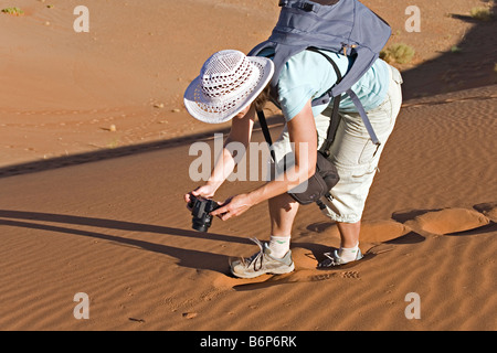 Marcher lorsqu'il photgraphing sur dune de sable dans le désert de Namib Sossusvlei, Namibie Namib Naukluft National Park Banque D'Images