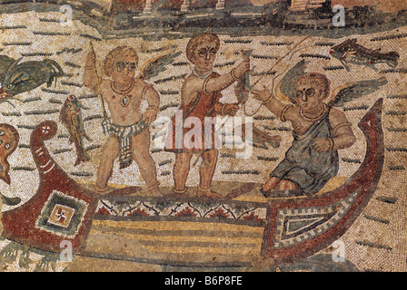 Pêche à Cupids mosaïque Villa Romana à Casale près de Piazza Armerina Sicile Italie Banque D'Images