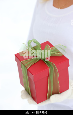 Les mains avec des gants d'hiver avec un cadeau Banque D'Images