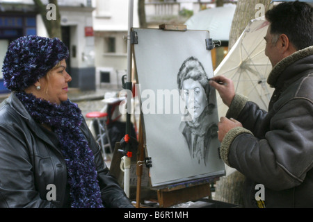 Dessin d'un homme portrait d'une femme à Montmartre, France, Arr. 18, Paris Banque D'Images