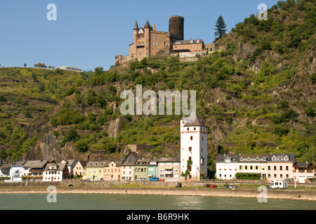 Katz (Château Burg Katz) vue ville de Saint Goarshausen et Rhin Banque D'Images