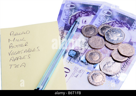 Liste de magasinage et de l'argent de plume Banque D'Images