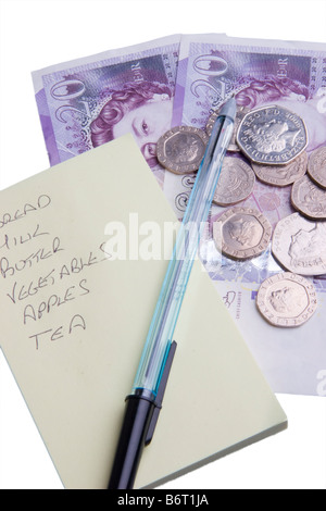 Liste de magasinage et de l'argent de plume Banque D'Images