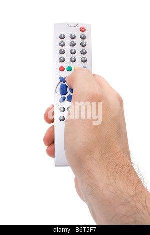 Main tenant une TV remote control isolated on white Banque D'Images