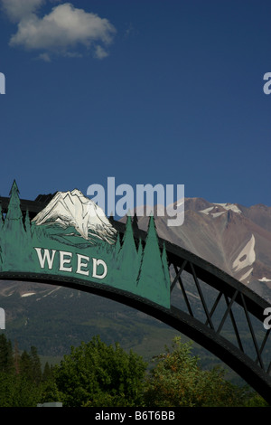 Archway welcome sign de lutte contre les mauvaises herbes, en Californie avec Mt. Shasta en arrière-plan. Banque D'Images