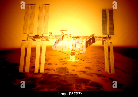 L'amélioration de l'image de l'ordinateur de la NASA La Station spatiale internationale (ISS), volant au-dessus de la terre le lever du soleil Banque D'Images