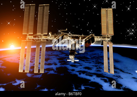 L'amélioration de l'image de l'ordinateur de la NASA La Station spatiale internationale (ISS), volant au-dessus de la terre le lever du soleil Banque D'Images