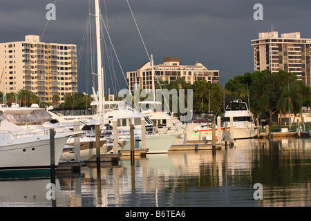 Bateau de plaisance avec condos et de palmiers en arrière-plan à Sarasota en Floride Banque D'Images