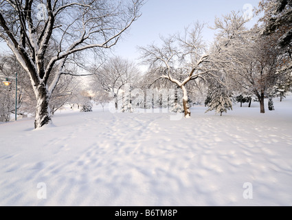 Une neige fraîche sur le chemin du Lac Ramsey Sudbury (Ontario) en promenade Banque D'Images