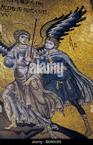 La lutte de Jacob avec l'Ange de la cathédrale de Monreale mosaïque à Sicile Italie Banque D'Images