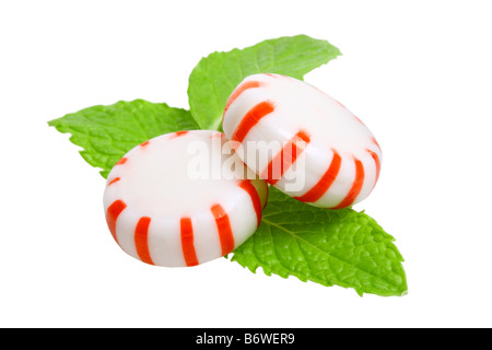 Bonbons à la menthe et les feuilles de menthe couper isolé sur fond blanc Banque D'Images