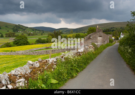 Chemin de campagne en milieu rural dans le nord à dentdale Yorkshire Pennines dales en été avec mur de pierres sèches et les champs et maison en pierre Banque D'Images