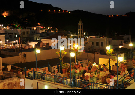 Restaurant, ville de Lindos, Rhodes, Grèce Banque D'Images