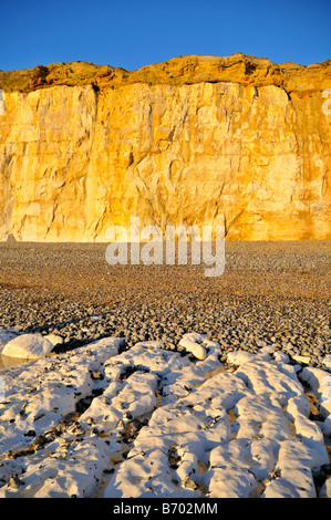 Coucher de soleil sur la falaise de craie à Newhaven west beach East Sussex Royaume Uni Banque D'Images