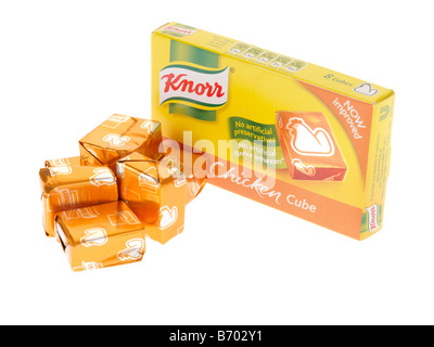 Cube de bouillon de poulet Knorr Emballage marque isolés sur un fond blanc avec aucun peuple et un chemin de détourage Banque D'Images