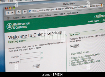 Site des douanes HM Revenue, page de connexion, le paiement des impôts, en ligne Banque D'Images