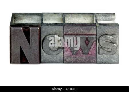 Le mot News dans de vieux blocs typographie isolé sur fond blanc Banque D'Images