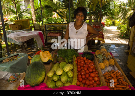 Femme en France la vente de fruits et légumes frais en face d'un étal à l'extérieur de sa maison Banque D'Images