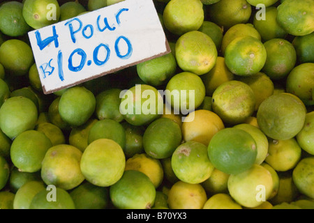Limes à vendre au marché central de la ville de Port Louis, la capitale de l'Île Maurice, une île dans l'Océan Indien Banque D'Images