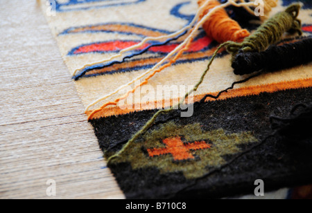 Gros plan du tapis mexicain étant tissés sur métier, Teotitlan del Valle Banque D'Images