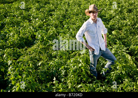 Jeune agriculteur debout dans le champ de la récolte de pommes de terre Banque D'Images