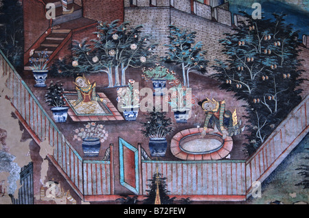 Jardin clos ou Royal Paradise scène dans une peinture murale peinture murale ou thaï, Wihan Lai Kham, Wat Phra Singh, Chiang Mai, Thaïlande Banque D'Images