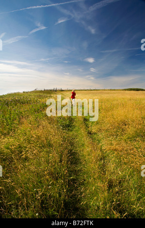 Jeune garçon courir à travers un champ d'herbe dans un T shirt Cymru chemin côtier du Glamorgan près de Nash Point South Wales Juillet Banque D'Images