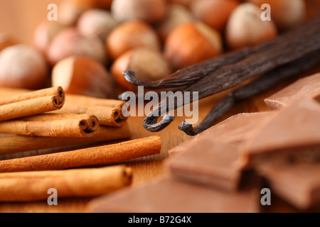 Bâtons de cannelle noisettes chocolat et vanille Banque D'Images