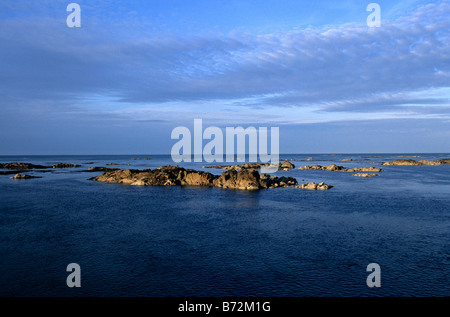 St Clement's Bay à Jersey, Channel Islands, où la mer est abondamment parsemé d'îlots rocheux noir. Banque D'Images