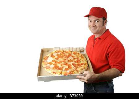 Une pizza delivery man holding a pizza au pepperoni chaude isolated on white Banque D'Images