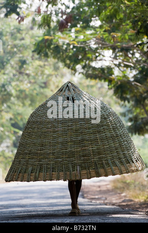L'homme indien portant une plume de chèvre marchant le long d'une route dans la campagne de l'Inde rurale. L'Andhra Pradesh, Inde Banque D'Images