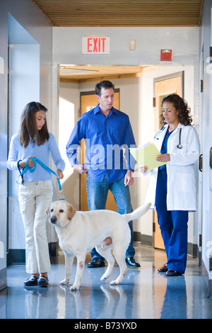 Balades en famille et vétérinaire chien vers le bas du couloir de la clinique Banque D'Images