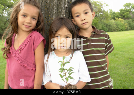 Petite fille de cinq ans contient de petits arbre, près de sept ans, garçon et fille, Winnipeg, Canada Banque D'Images