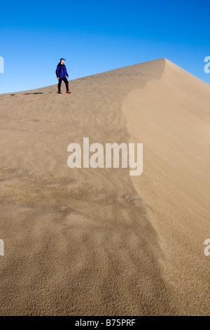 Un randonneur se dresse sur une dune de sable au-dessus des falaises blanches de l'Hanford Reach le long de la rivière Columbia, Washington Banque D'Images