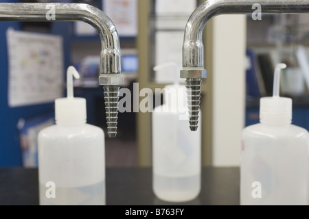 Bouteilles en plastique rincer avec robinets dans un laboratoire Banque D'Images