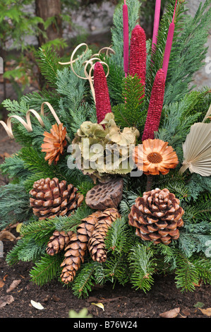 Décoration grave avec des branches de sapin, cônes et teints de parties de plantes Banque D'Images