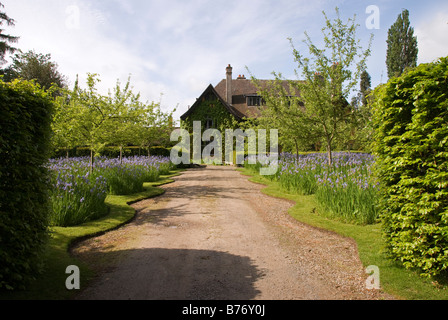 Bryan's Ground Garden, Herefordshire, Royaume-Uni, vu en 2008 avant la construction du canal. Iris sibirica (Iris sibérien) aligne l'approche de la maison Banque D'Images