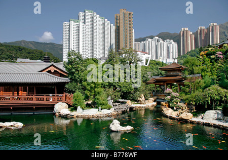 Pagoda et un lac avec des poissons Koi en Chi Lin Jardin botanique, parc de Kowloon, Hong Kong, Chine, Asie Banque D'Images