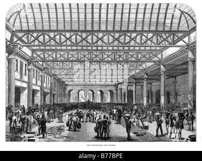 L'intérieur du nouveau marché de poissons de Billingsgate 1876 Gravure de la nouvelle ville de marché alimentaire de Londres sur les rives de la Tamise dans le bassin de Londres Banque D'Images