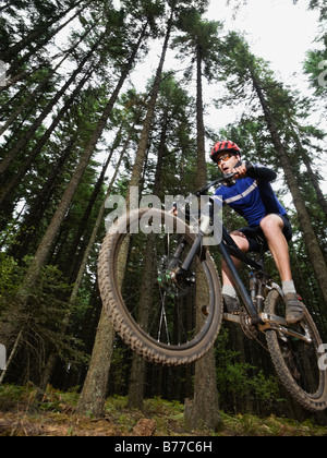 Mountain biker mid-air sur piste forestière Banque D'Images