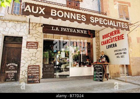 Boucherie, Entrevaux, Alpes de Haute-Provence, Provence-Alpes-Cote d'Azur, dans le sud de la France, France, Europe, France, Europe Banque D'Images